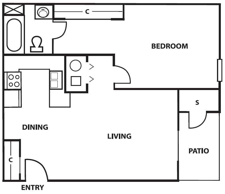 Floor plan for 1 bed, 1 bath, 780 sqft